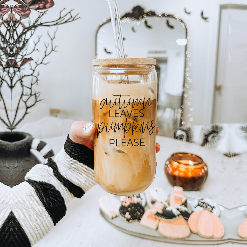 Autumn Leaves 20oz Glass Tumbler With Bamboo Lid, 2 Stainless Straws & Cleaner BandsCo Straps