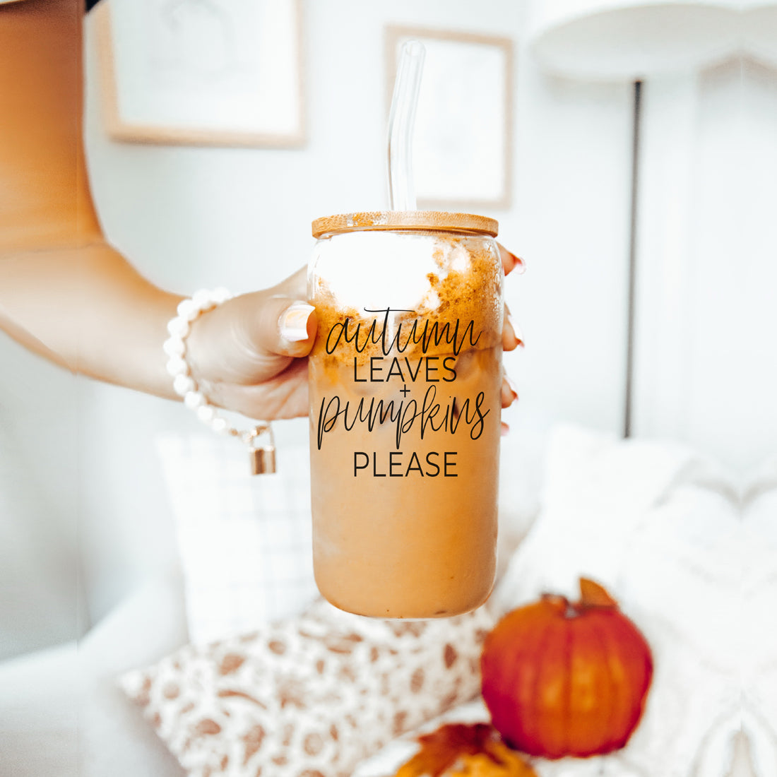 Autumn Leaves 20oz Glass Tumbler With Bamboo Lid, 2 Stainless Straws & Cleaner BandsCo Straps