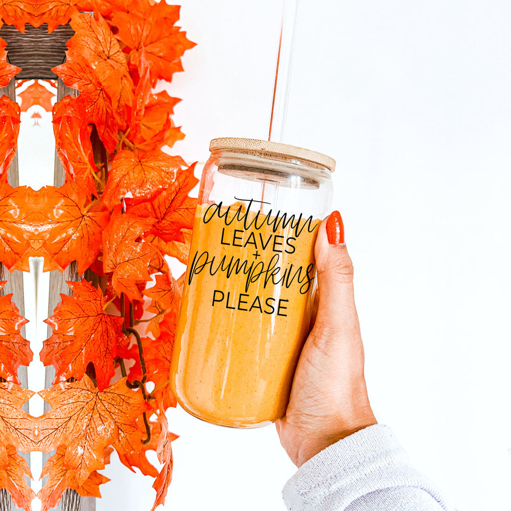 Autumn Leaves 20oz Glass Tumbler With Bamboo Lid, 2 Stainless Straws & Cleaner BandsCo Straps