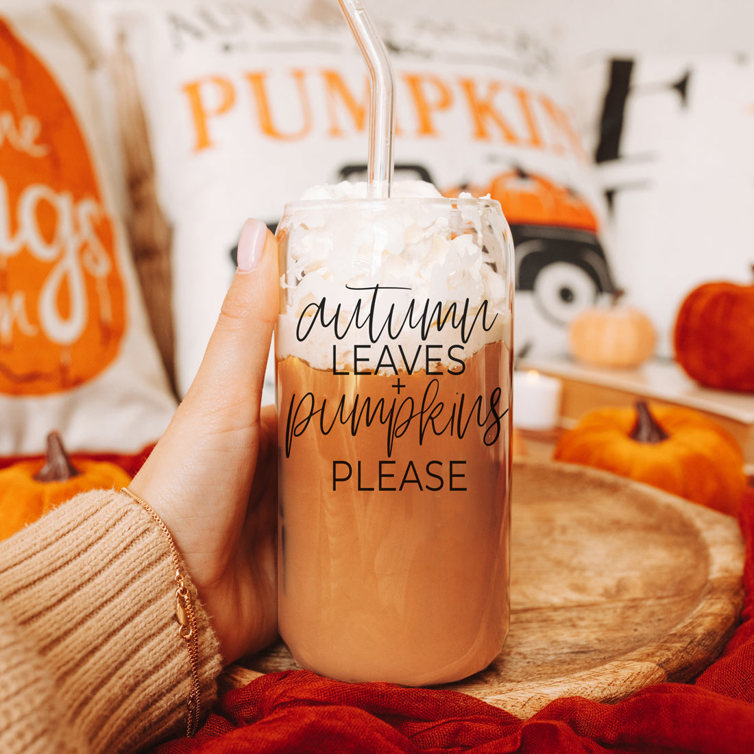 Autumn Leaves 20oz Glass Tumbler With Bamboo Lid, 2 Stainless Straws & Cleaner BandsCo Straps