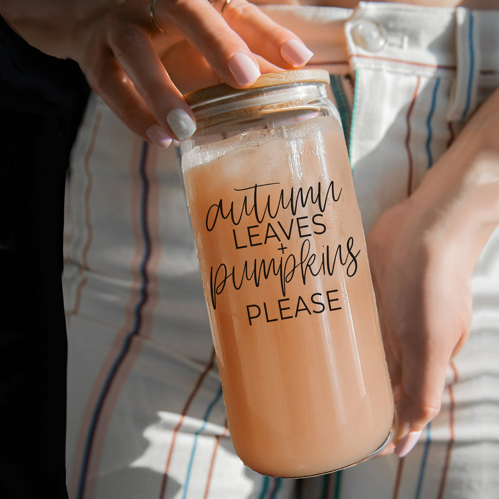 Autumn Leaves 20oz Glass Tumbler With Bamboo Lid, 2 Stainless Straws & Cleaner BandsCo Straps
