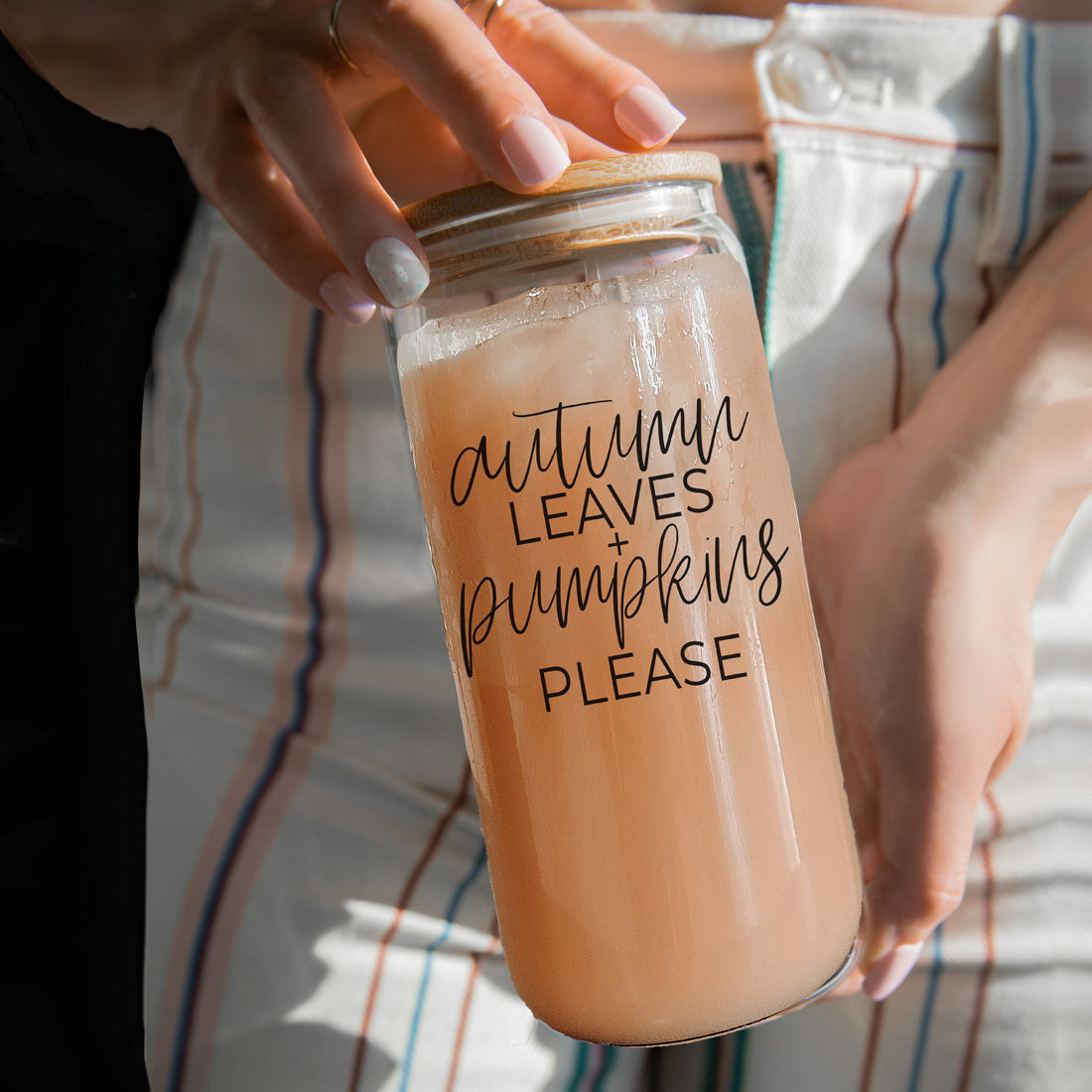 Autumn Leaves 20oz Glass Tumbler With Bamboo Lid, 2 Stainless Straws & Cleaner BandsCo Straps