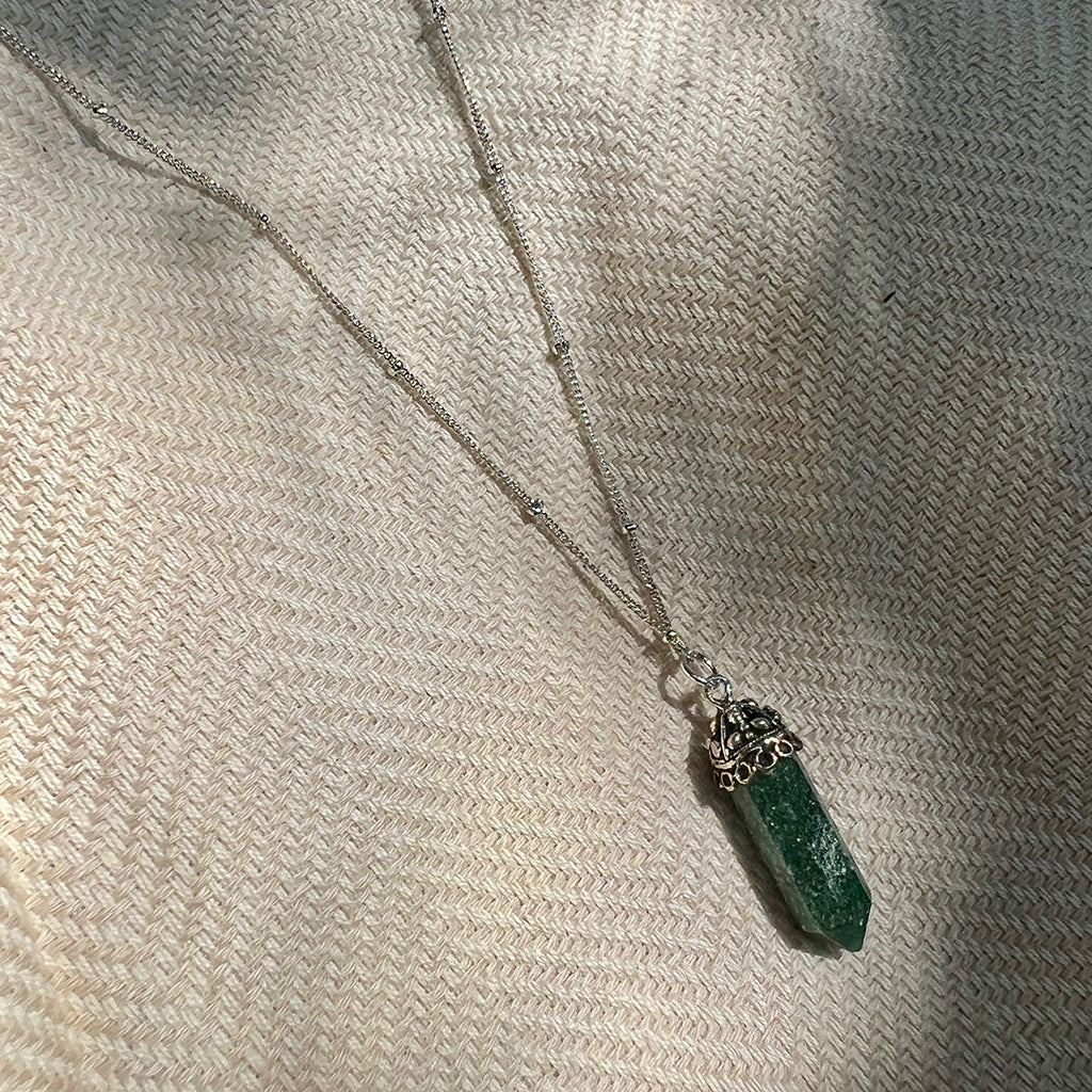 Aventurine Crystal Necklace Silver Plated Layering Pendant Prosperity Charm BandsCo Straps