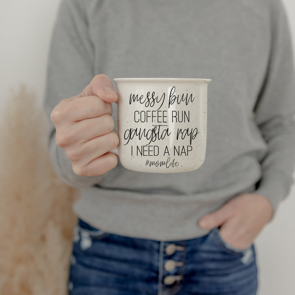 Messy Bun Coffee Run 14.5oz Ceramic Campfire Mug Double-Sided Speckled BandsCo Straps