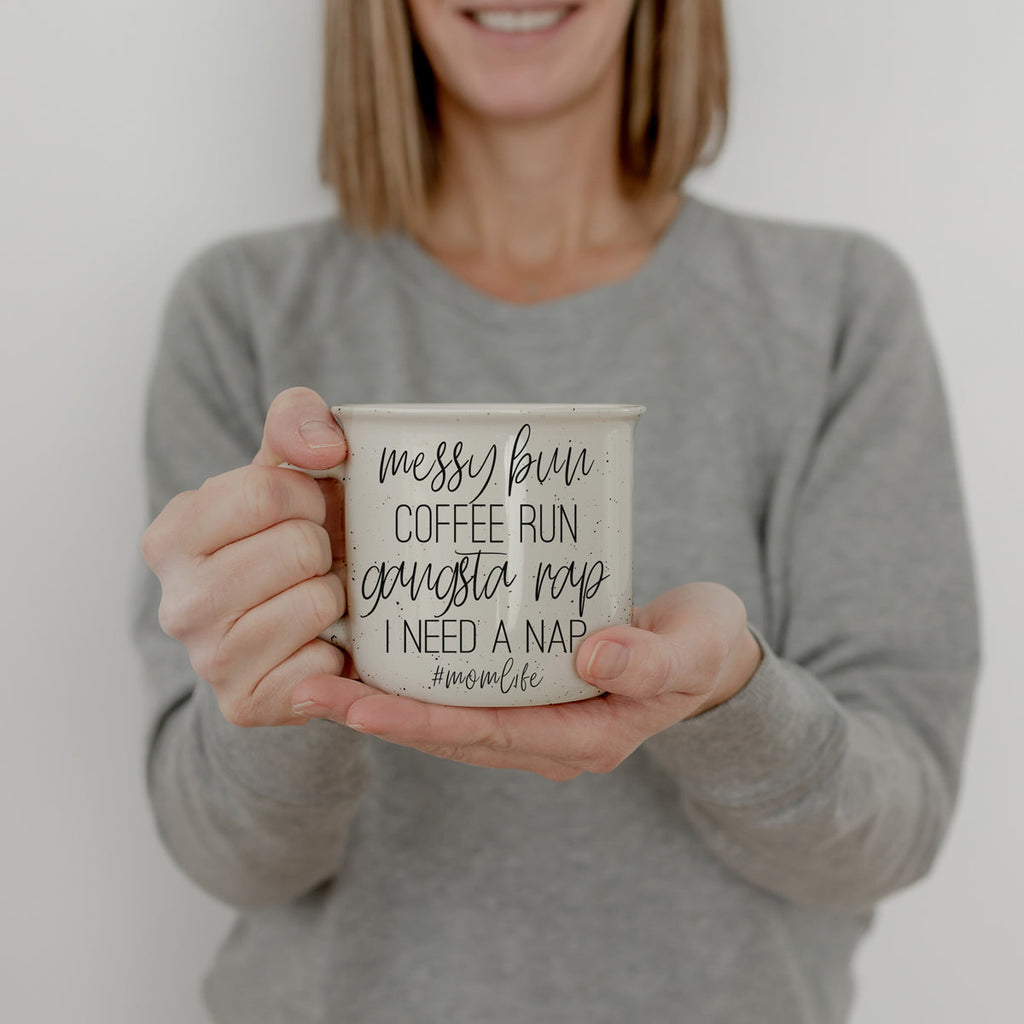 Messy Bun Coffee Run 14.5oz Ceramic Campfire Mug Double-Sided Speckled BandsCo Straps
