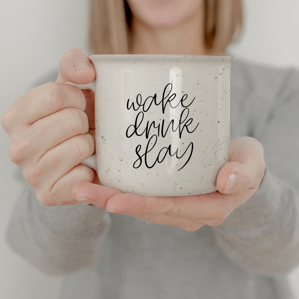 Wake Drink Slay 14.5oz Ceramic Campfire Mug Double-Sided Speckled White Sesame BandsCo Straps