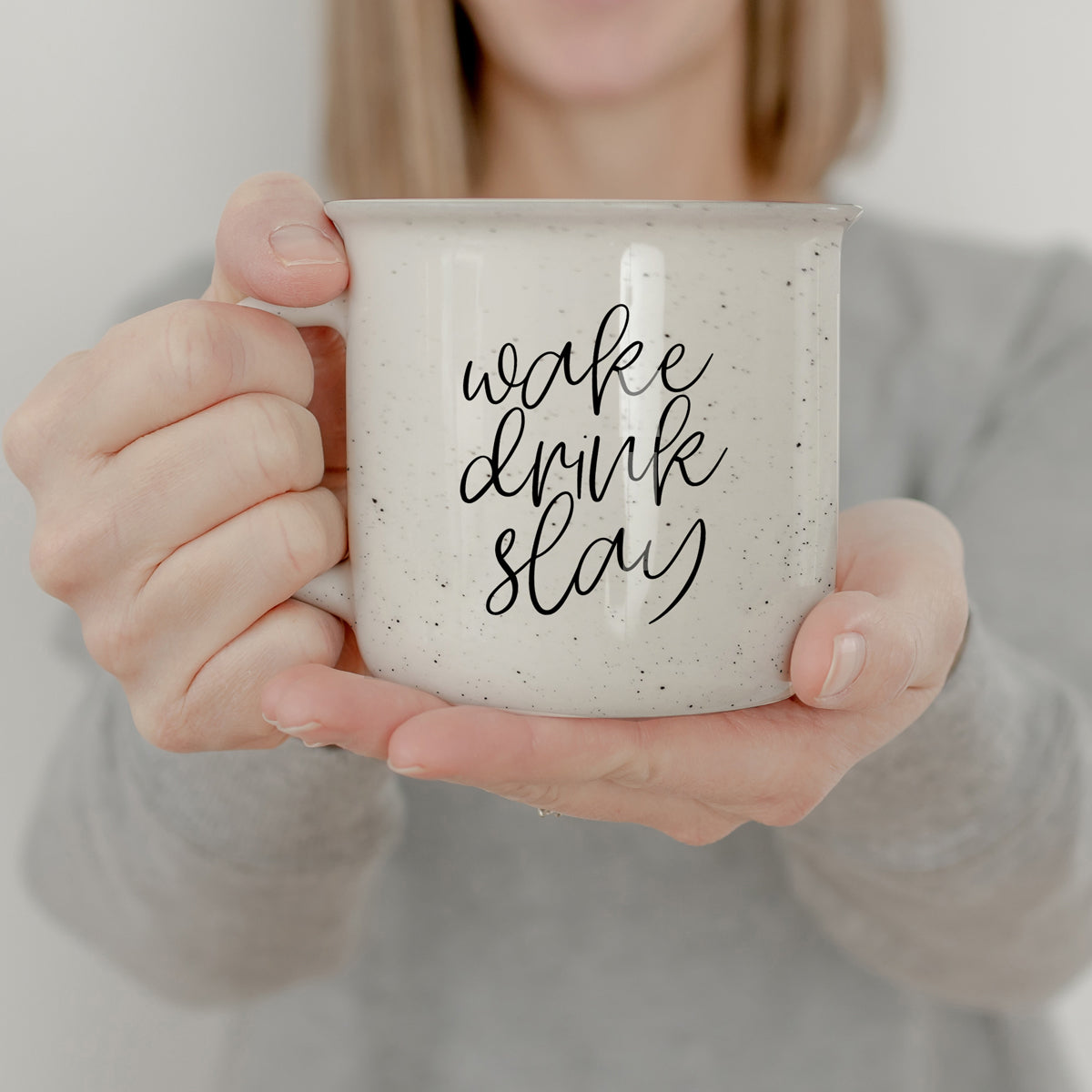 Wake Drink Slay 14.5oz Ceramic Campfire Mug Double-Sided Speckled White Sesame BandsCo Straps
