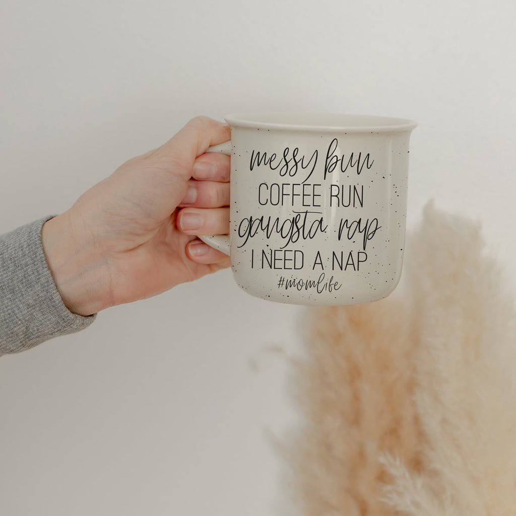 Messy Bun Coffee Run 14.5oz Ceramic Campfire Mug Double-Sided Speckled BandsCo Straps