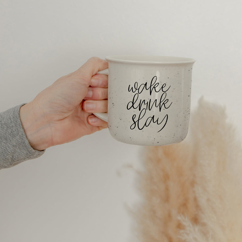 Wake Drink Slay 14.5oz Ceramic Campfire Mug Double-Sided Speckled White Sesame BandsCo Straps