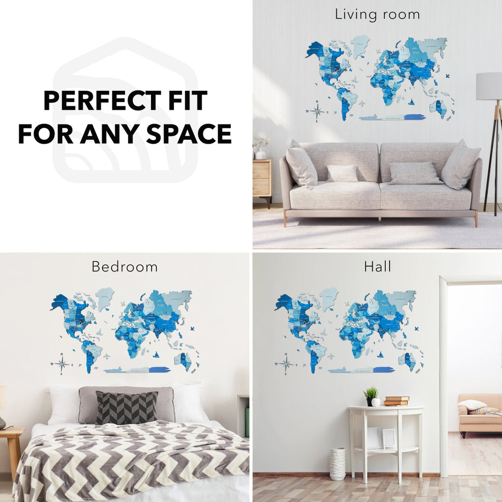 3D Luminous/Magnetic Colored Wooden World Map Azure Enjoy The Wood