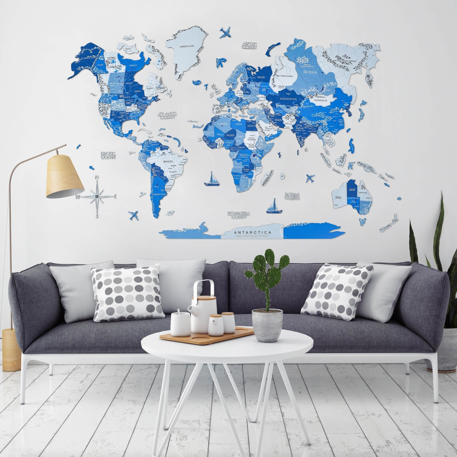 3D Wooden World Map Azure Enjoy The Wood