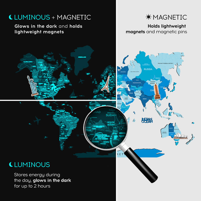 3D Luminous/Magnetic Colored Wooden World Map Azure Enjoy The Wood