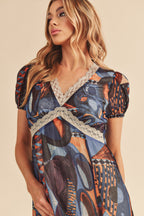 Lace Detail Slit Geometric Print Short Sleeve Comfortable Maxi Dress For Women, Elegant Lace, Alluring Slit, Sophisticated Geometric Print for Casual & Dressy Occasions