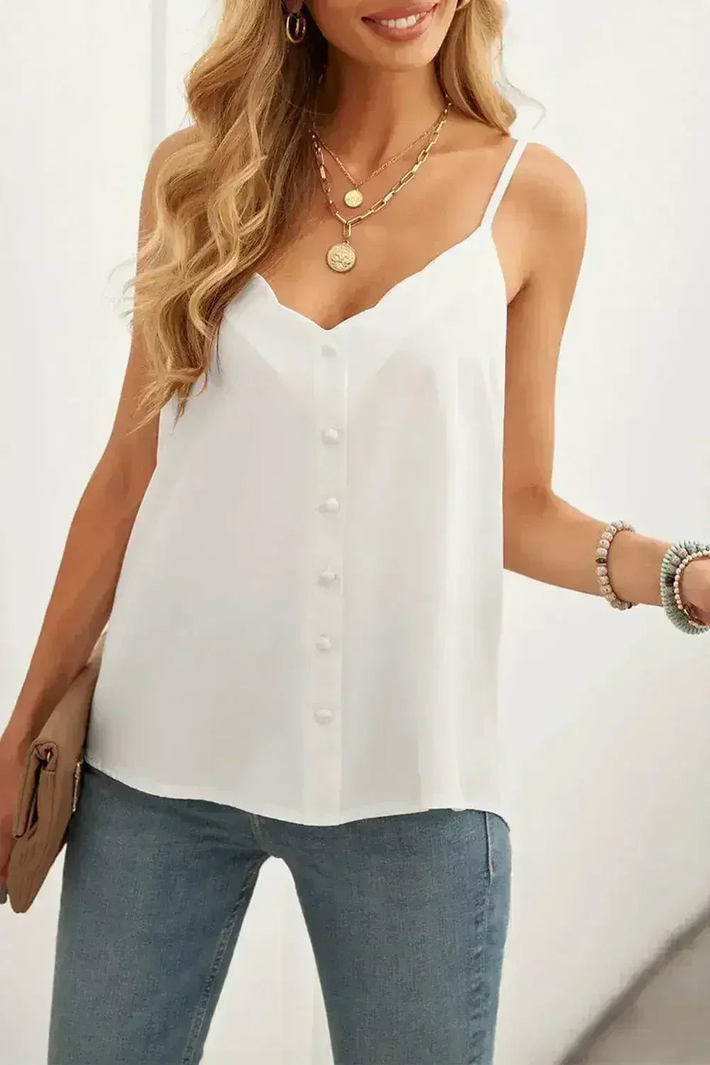 White Spaghetti Straps Buttoned V Neck Vest - SJB-DIAMOND ELITES
