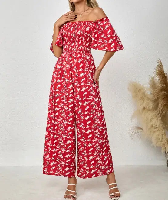 Ladies' Printed Square Neck Fashionable Loose Vacation Style Jumpsuit - SJB-DIAMOND ELITES