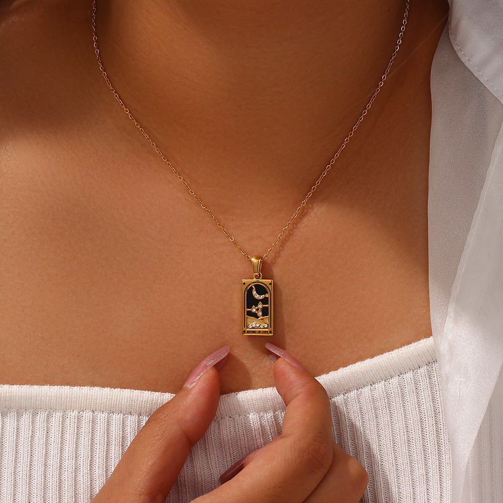 Fashion Tarot Necklace With Rhinestones Diamond Set Pendant Stainless Steel Rectangular Drip Necklace Jewelry Pi-Mart