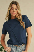 Dirty Blue Solid Color Round Neck T Shirt