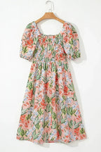 Apricot Pink Floral Knot Front Smocked Bubble Sleeve Dress