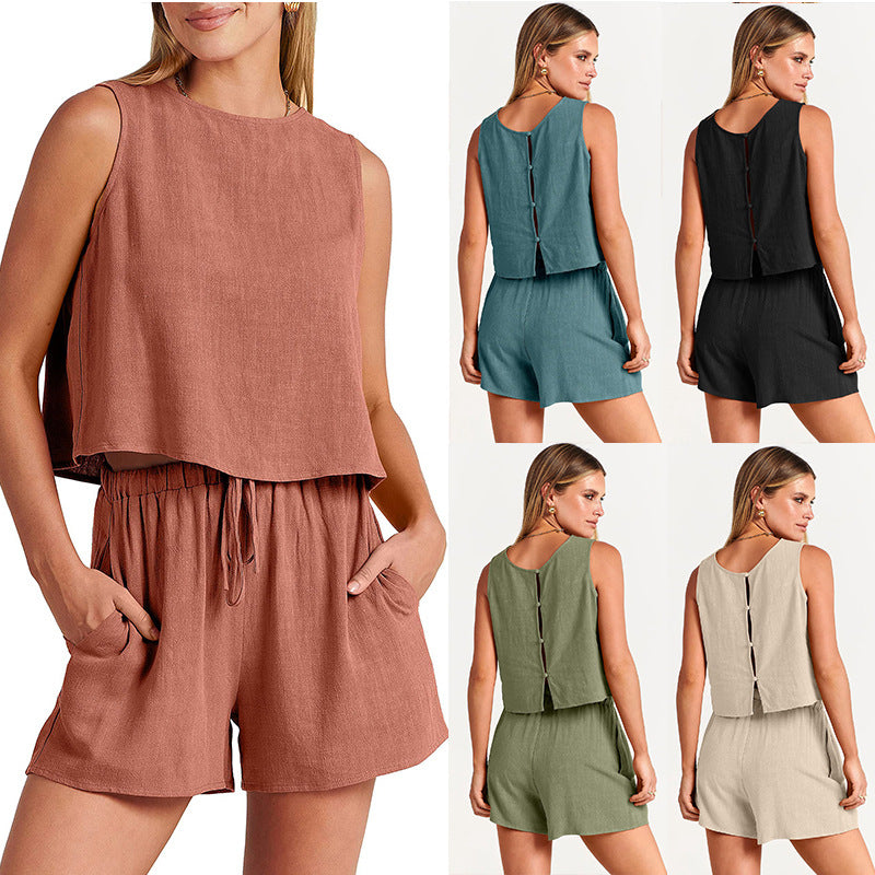 Women's Set Summer Sleeveless Tops And Drawstring Shorts Fashion Suit 2pcs Pi-Mart