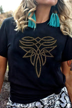 Black Rhinestone Boot Stitch Pattern Printed Cotton Blend Tee