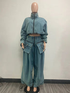 Denim Two Piece Sets Women Pant Set Y2k Streetwear Coats Jeans Elegant Matching Sets Coat Top Long Pants Jackets Streetwear Purplish Diva