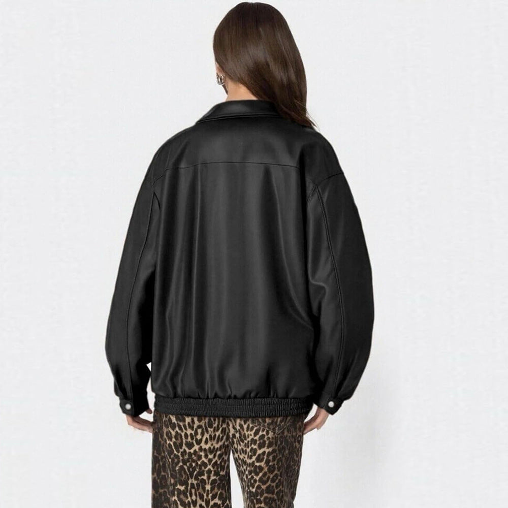 Women's Leather Jacket Loose Long Sleeve Lapel Motorcycle Jacket Pi-Mart