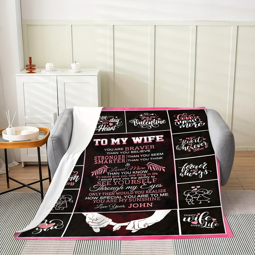 Personalized Romantic Love Message Flannel Throw Blanket for Wife - Soft, Cozy, All-Season Lodge Style with Knitted Polyester, Digital Print Character Theme, Special Feature Love Statements, 200-250g Lootquake LLC