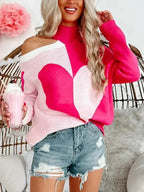 Valentine's Day Heart Turtleneck Cold Shoulder Sweater - SJB-DIAMOND ELITES