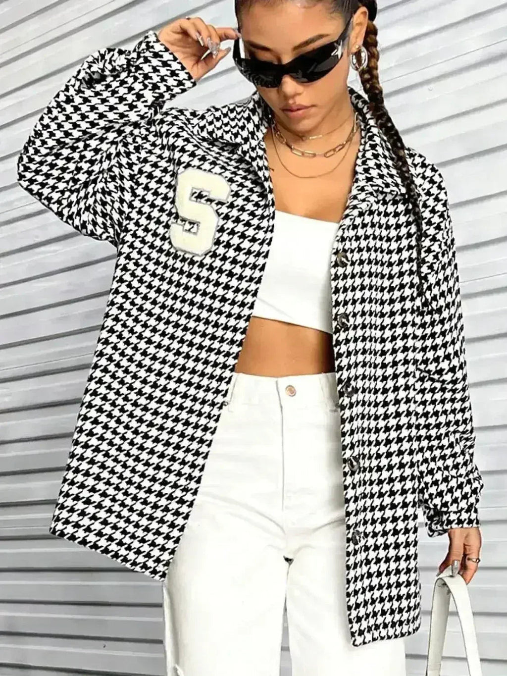 Houndstooth Button Down Long Sleeve Shacket - SJB-DIAMOND ELITES