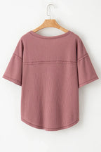 Blue Exposed Seam Drop Sleeve V Neck Waffle Textured Top