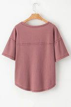 Blue Exposed Seam Drop Sleeve V Neck Waffle Textured Top