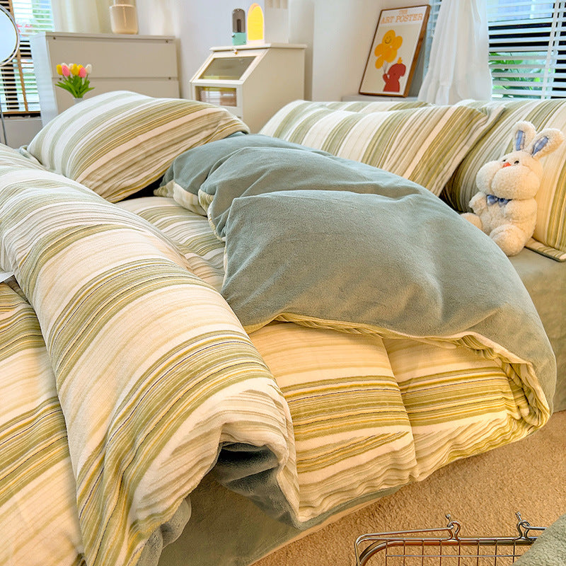Nordic Striped Coral Fleece Duvet Cover Flannel Sheet Cover Three-piece Set Pi-Mart
