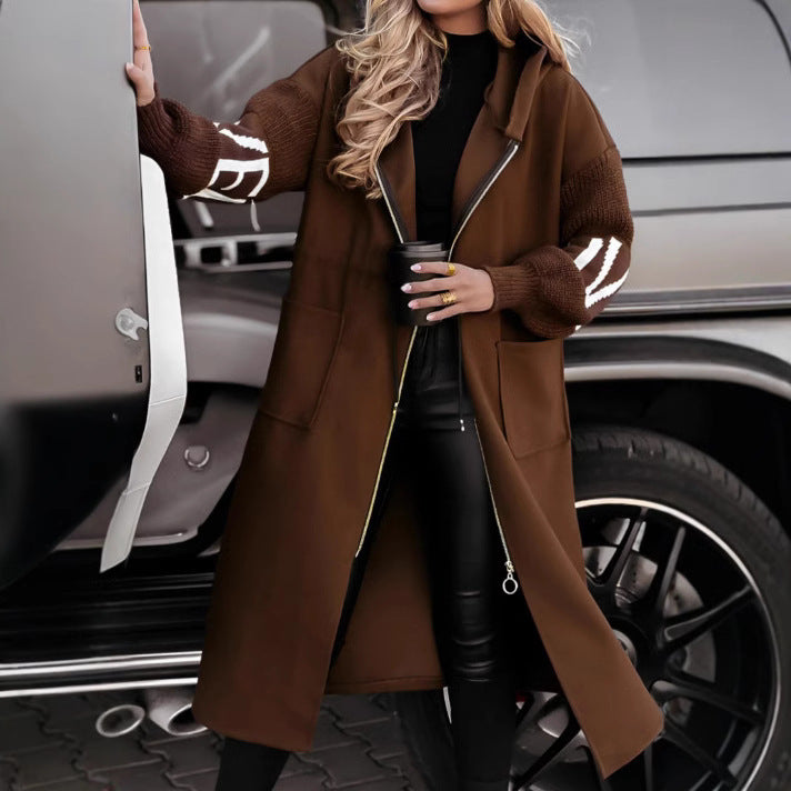 Hooded Windbreaker Long Jacket With Pockets And Drawstring Design Solid Color Knit-Sleeved Trench Coat For Women Clothing Fall Winter Pi-Mart