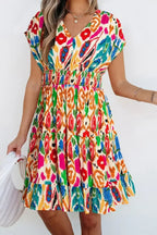Sky Blue Abstract Print V Neck Dolman Sleeve Ruffle Tiered Mini Dress
