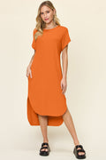 Double Take Full Size Round Neck Short Sleeve Slit Dress Stylish & Comfortable Casual Dress Stevvex