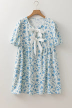 Sky Blue Floral Bow Front Puff Sleeve Mini Dress