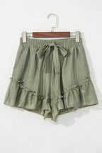Laurel Green Textured Tie Waist Ruffle Hem Shorts