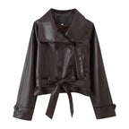 Trendy Wild Two-color Double Breasted Short Lace Up Leather Coat