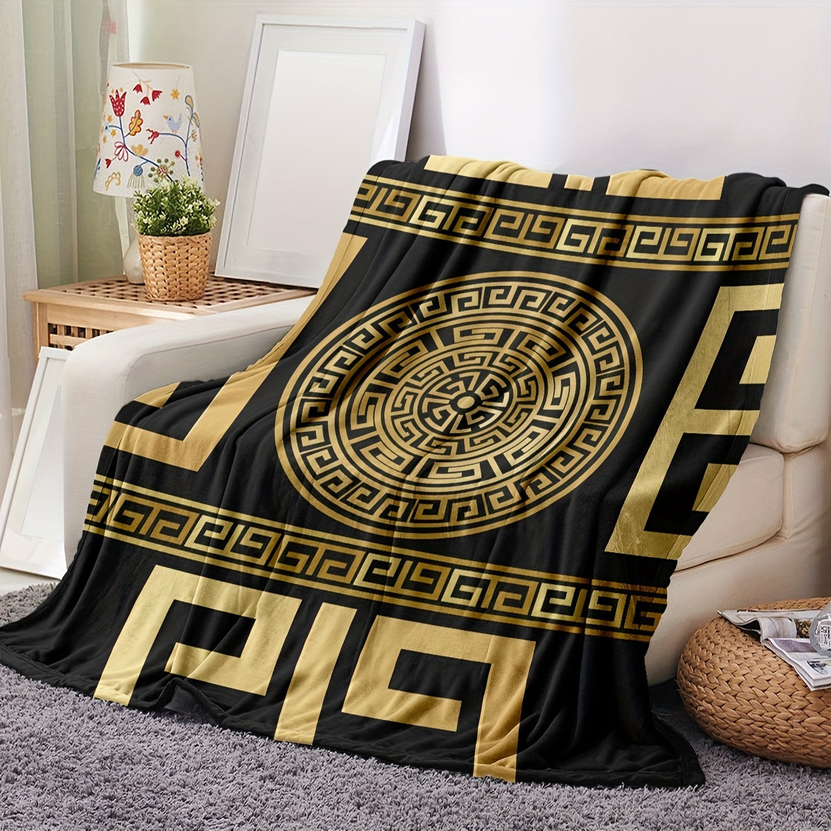 Glam Style Digital Print Flannel Throw Blanket – Hypoallergenic Woven Polyester Cover, All Seasons Multipurpose Bedding with Greek Key Design – No Embellishment, 200-250g Square Weight Lootquake LLC