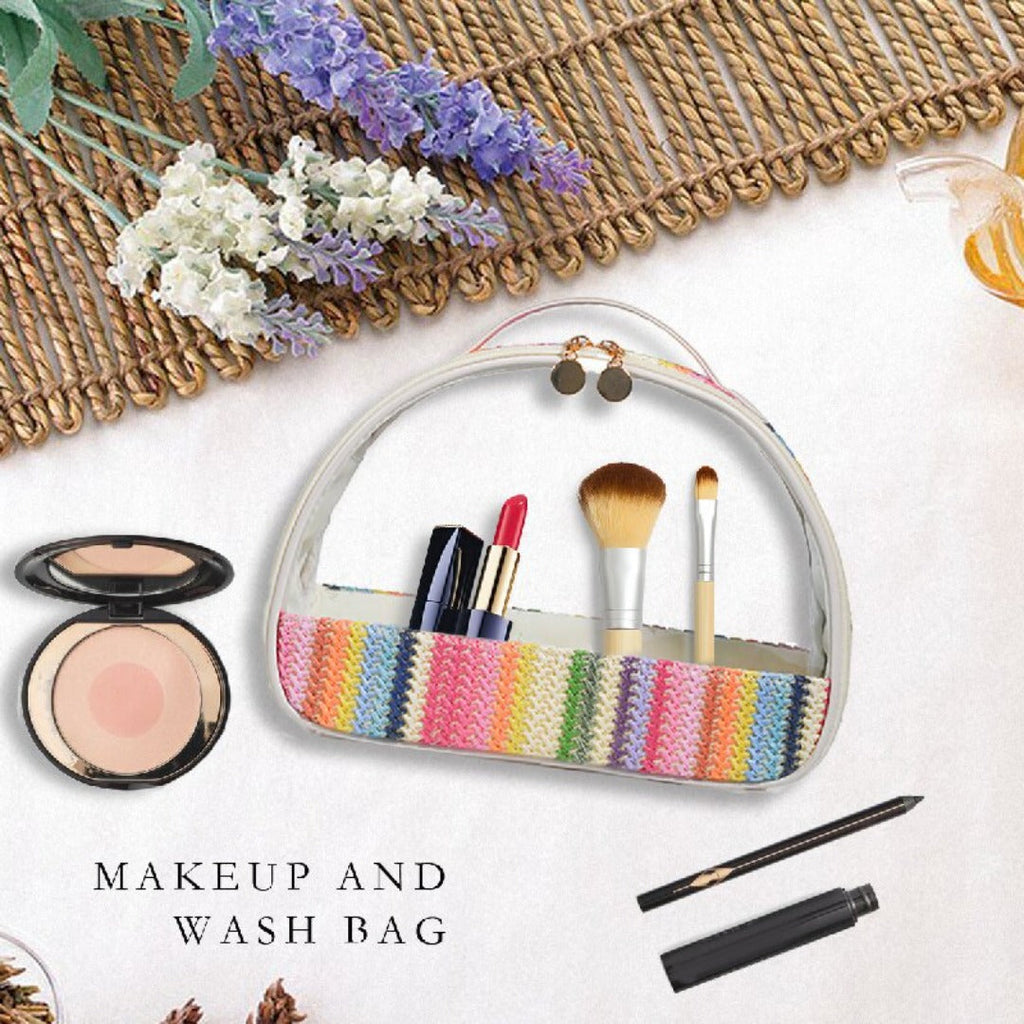 Straw transparent PVC semicircular cosmetic bag, waterproof woven toiletries bag, travel storage bag, makeup bags small,Transparent Cosmetic Bag, - SJB-DIAMOND ELITES