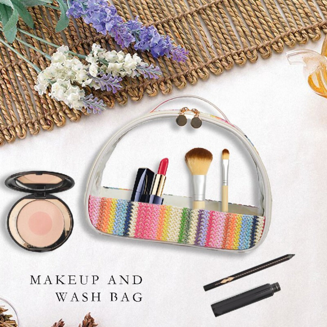 Straw transparent PVC semicircular cosmetic bag, waterproof woven toiletries bag, travel storage bag, makeup bags small,Transparent Cosmetic Bag, - SJB-DIAMOND ELITES