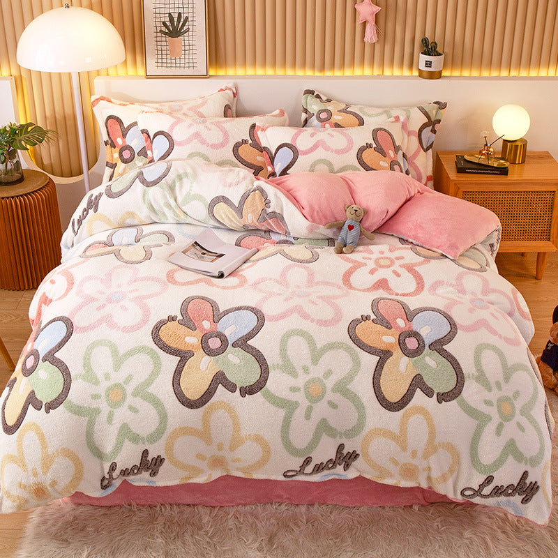Coral Fleece Duvet Cover Sheet Flannel Pillowcase Pi-Mart