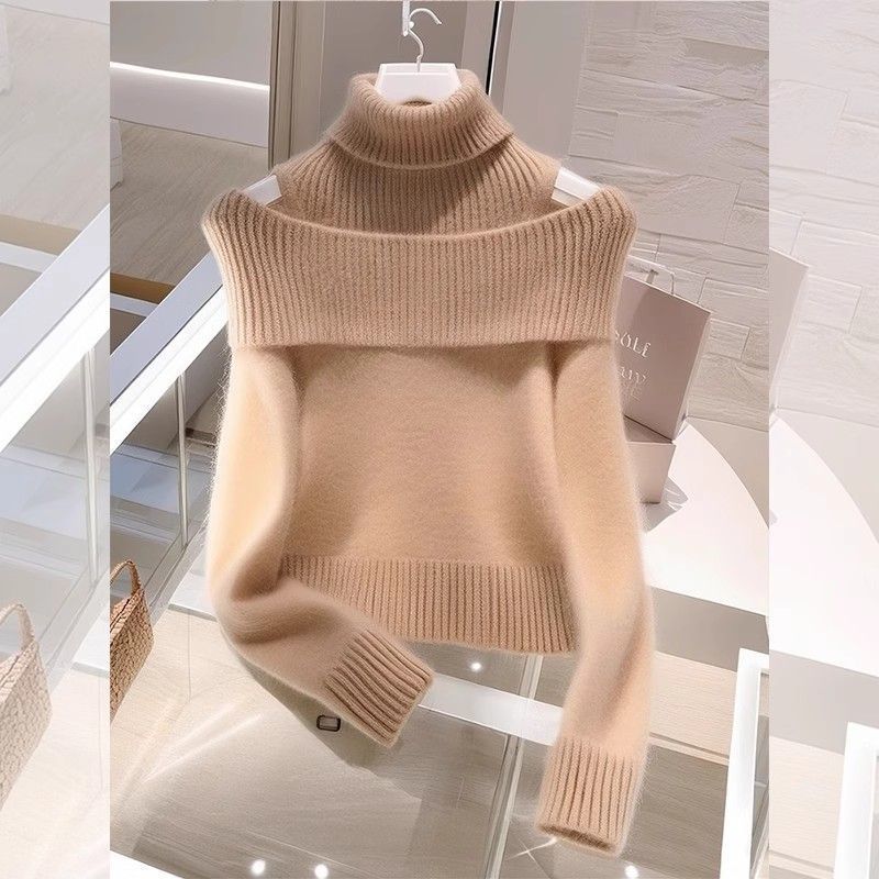 Soft Glutinous Idle Style Off-the-shoulder Bulky Turtleneck In Apricot Sweater Pi-Mart