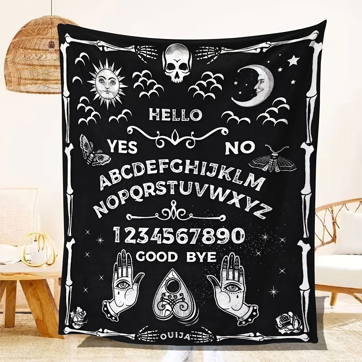 1pc Halloween Blanket Black Gothic Spooky Goth Palmistry Witchy Boho Sun Moon Star Horror Skull Cool Mysterious Throw Blanket For Living Room & Bedroom, Home Decor, Travel Lootquake LLC