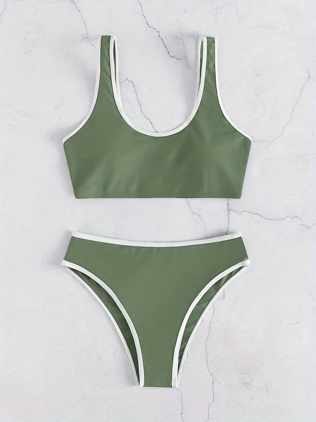 Bikini Scoop Neck Contrast Trim 2 Piece Swimsuit for Women – High Stretch Casual Bikini Set with Scallop Edge Detail and Matching Swim Briefs – Stylish Solid Color Swimwear for Beach Days Pool Lounging and Summer Vacations Stevvex