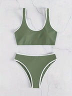 Bikini Scoop Neck Contrast Trim 2 Piece Swimsuit for Women – High Stretch Casual Bikini Set with Scallop Edge Detail and Matching Swim Briefs – Stylish Solid Color Swimwear for Beach Days Pool Lounging and Summer Vacations Stevvex