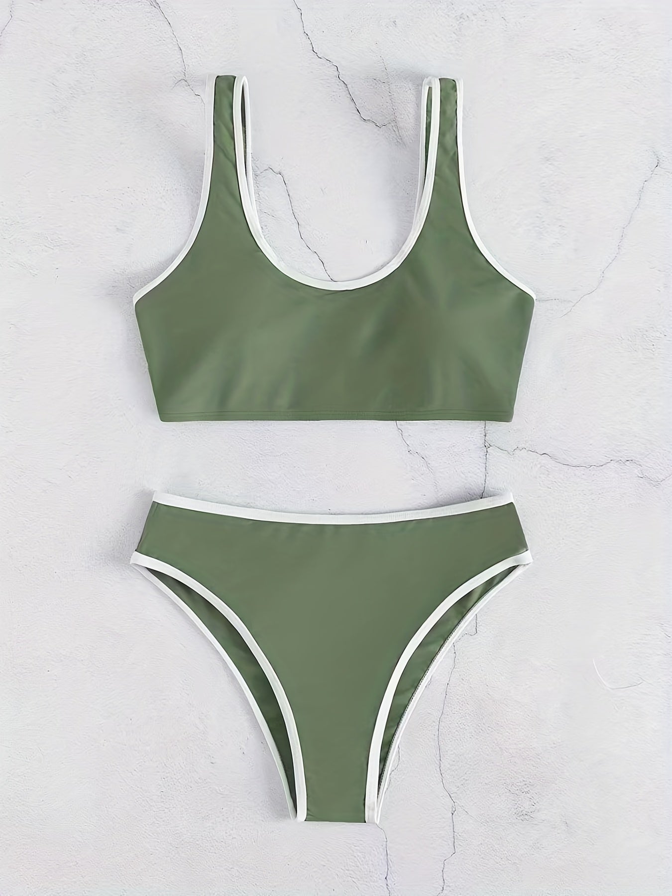 Bikini Scoop Neck Contrast Trim 2 Piece Swimsuit for Women – High Stretch Casual Bikini Set with Scallop Edge Detail and Matching Swim Briefs – Stylish Solid Color Swimwear for Beach Days Pool Lounging and Summer Vacations Stevvex
