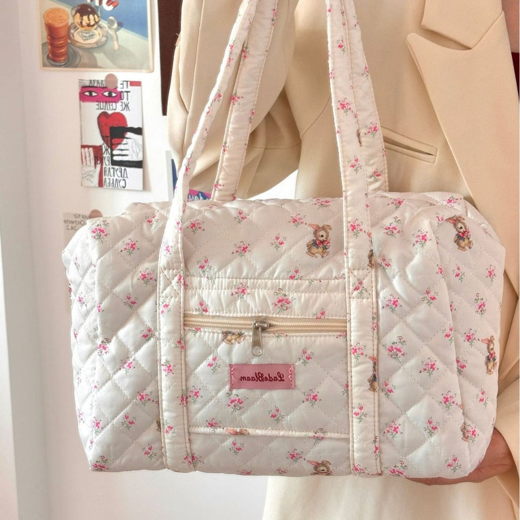 Large capacity tote bag for girls, short trip girl commuter bag, quilted puffy purse floral fabric, student class shoulder tote bag, - SJB-DIAMOND ELITES