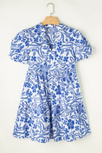 Royal Blue Printed Puff Sleeve Dress Stylish & Feminine Statement Dress For Every Occasion