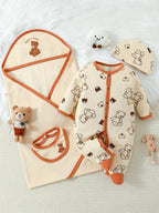 Baby Girl Romper Cute Bear Print Outfits, One-piece Romper + Hat + Baby Bib + Baby Blanket Four-piece Indoor And Outdoor Set Lootquake LLC